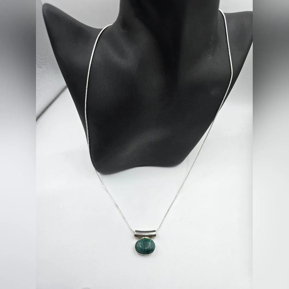 Sterling Silver and Malachite Pendant Necklace 24 inch Chain